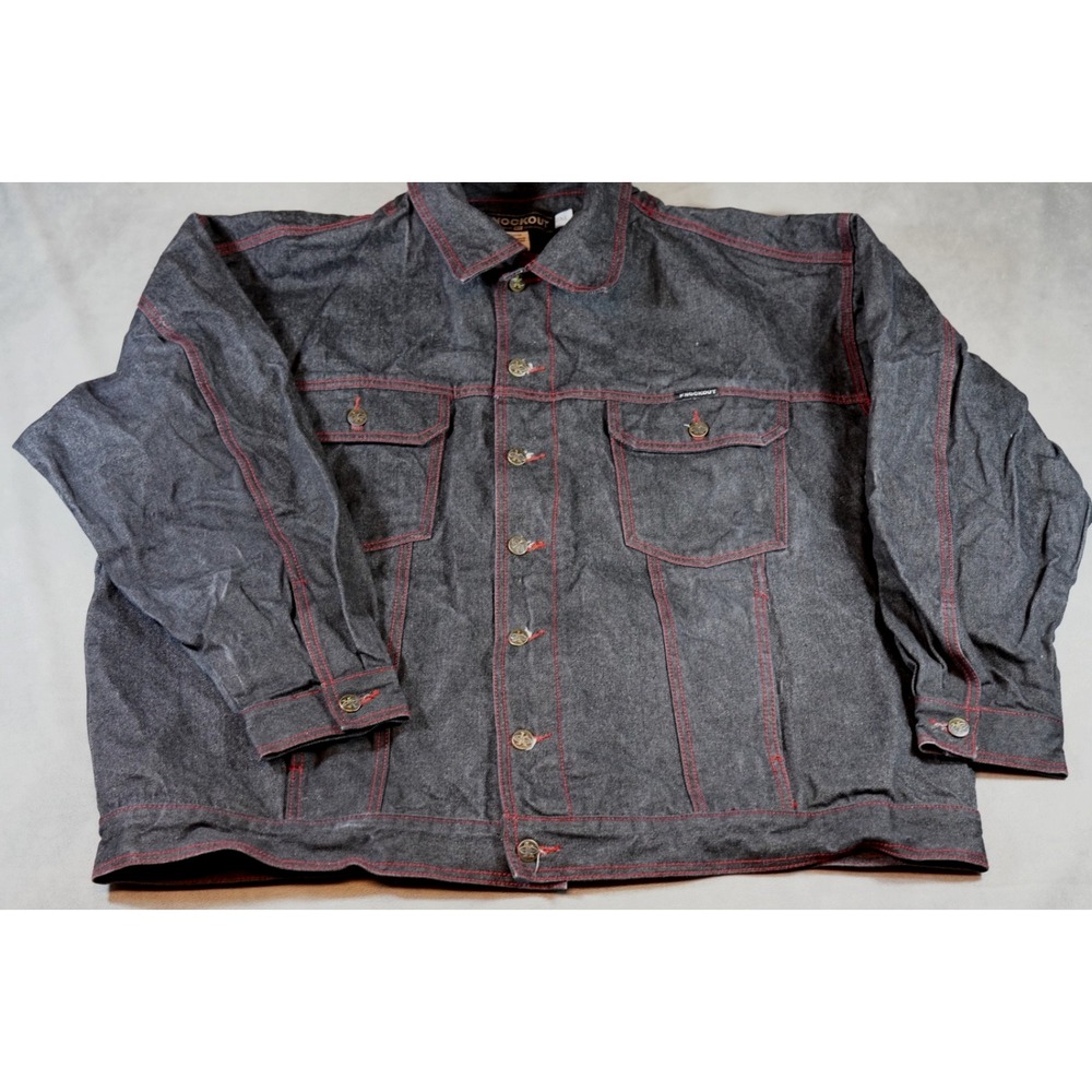 Vintage Knockout Black Jean Jacket W Red Trim Men's Cotton Sz 2XL Pockets